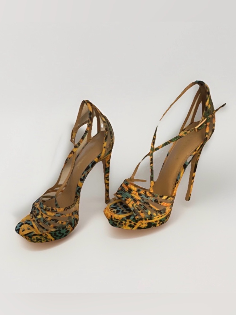 Shoe Dazzle Yellow and Brown Leopard Strappy Platform Stilettos- Size 7.5